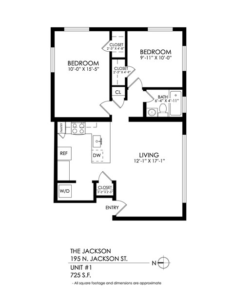 Floor plan for 2 beds, 1 bath, 735 sqft
